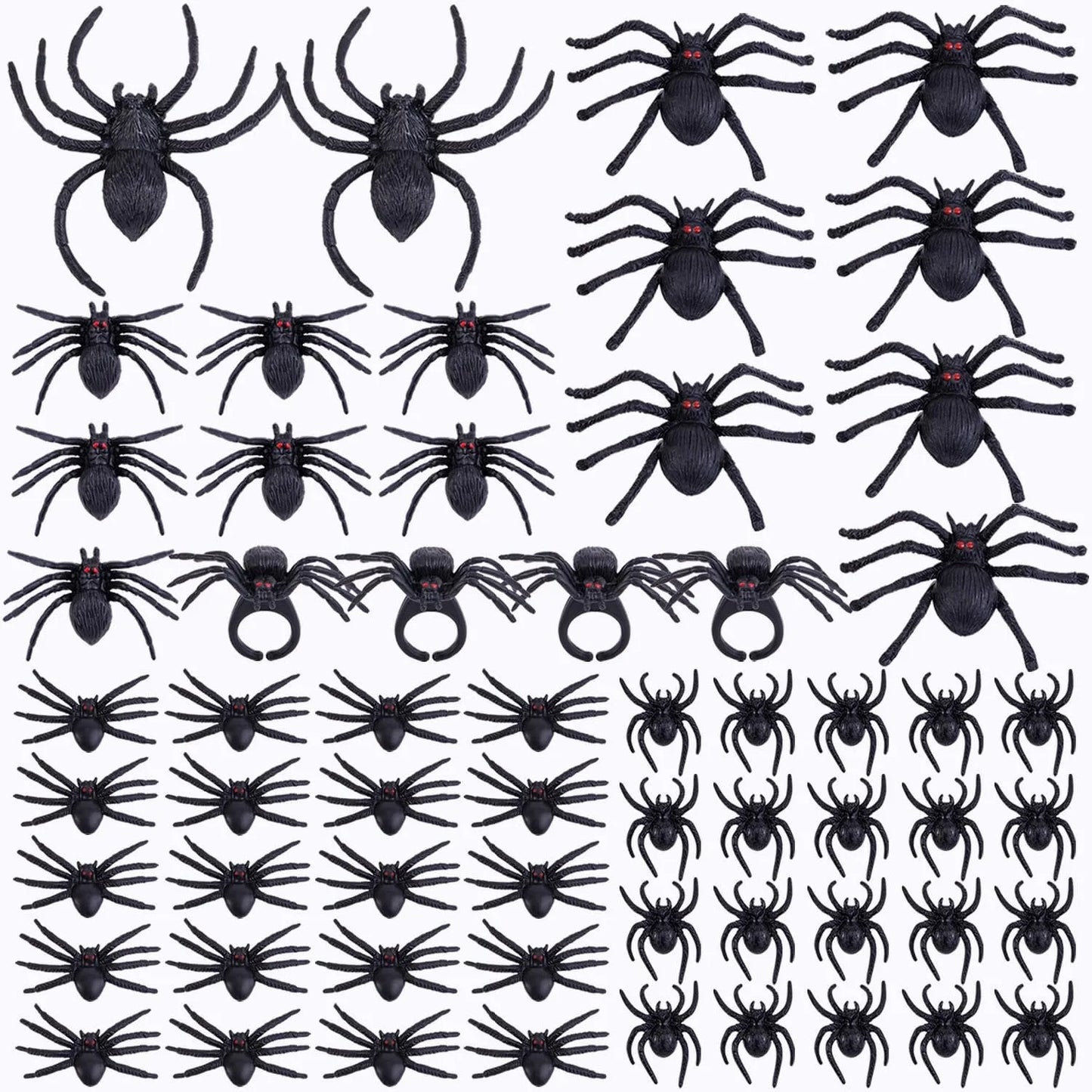 60PCS Black Plastic Spiders & Rings Halloween Prank Set