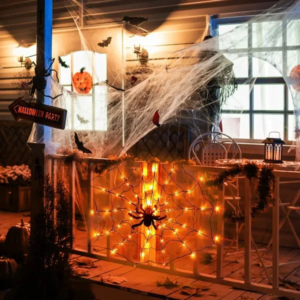Halloween Spider Web Lights – 3.28ft 70 LEDs, 8 Modes, Battery Powered with Remote & Timer (Orange/Purple)