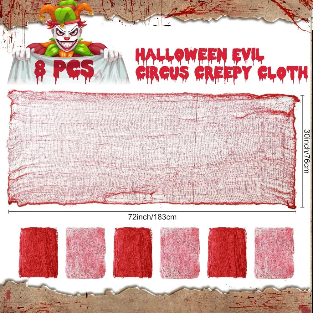 8 Pcs Halloween Creepy Cloth Set – Red & White Bloody Gauze Decoration for Haunted Circus or Home
