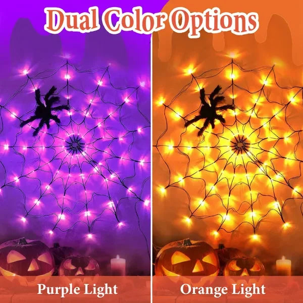 Halloween Spider Web Lights – 3.28ft 70 LEDs, 8 Modes, Battery Powered with Remote & Timer (Orange/Purple)