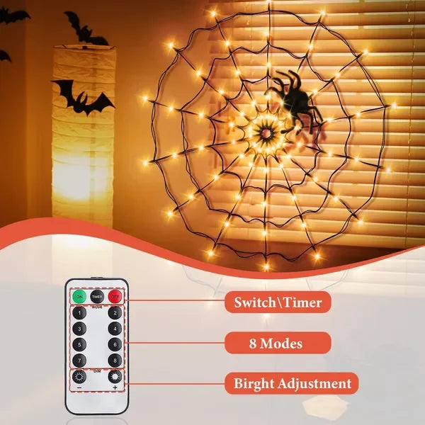 Halloween Spider Web Lights – 3.28ft 70 LEDs, 8 Modes, Battery Powered with Remote & Timer (Orange/Purple)
