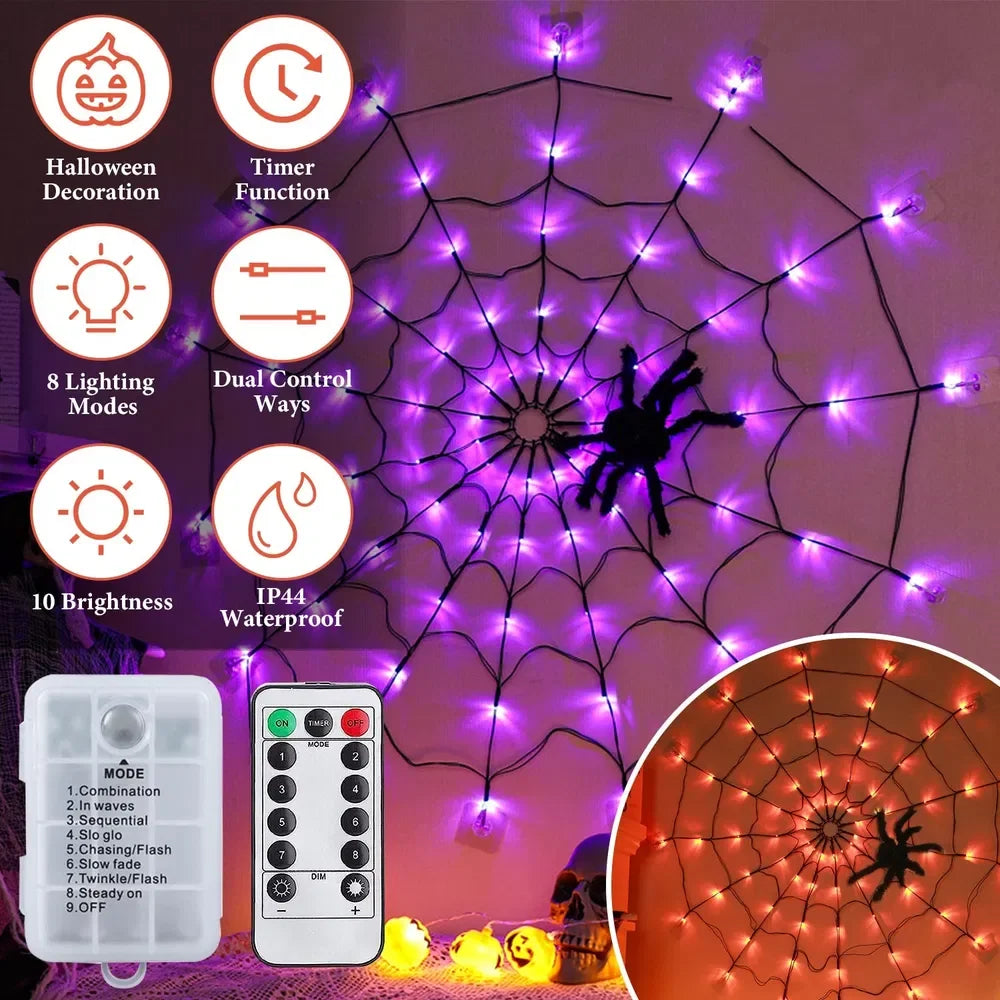 Halloween Spider Web Lights – 3.28ft 70 LEDs, 8 Modes, Battery Powered with Remote & Timer (Orange/Purple)