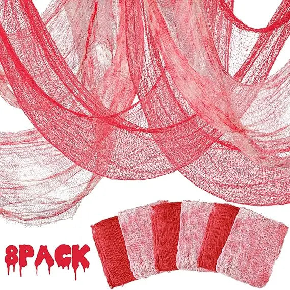 8 Pcs Halloween Creepy Cloth Set – Red & White Bloody Gauze Decoration for Haunted Circus or Home