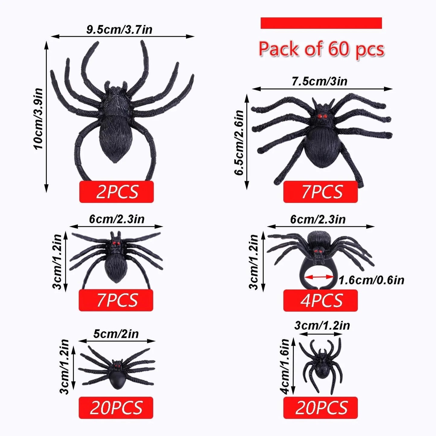 60PCS Black Plastic Spiders & Rings Halloween Prank Set