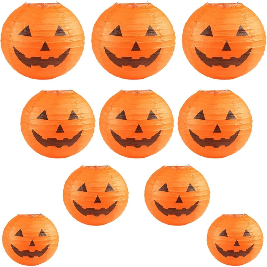 Halloween Jack-O’-Lantern Paper Lantern Set – 10 Pack Pumpkin Hanging Decorations for Home & Outdoor