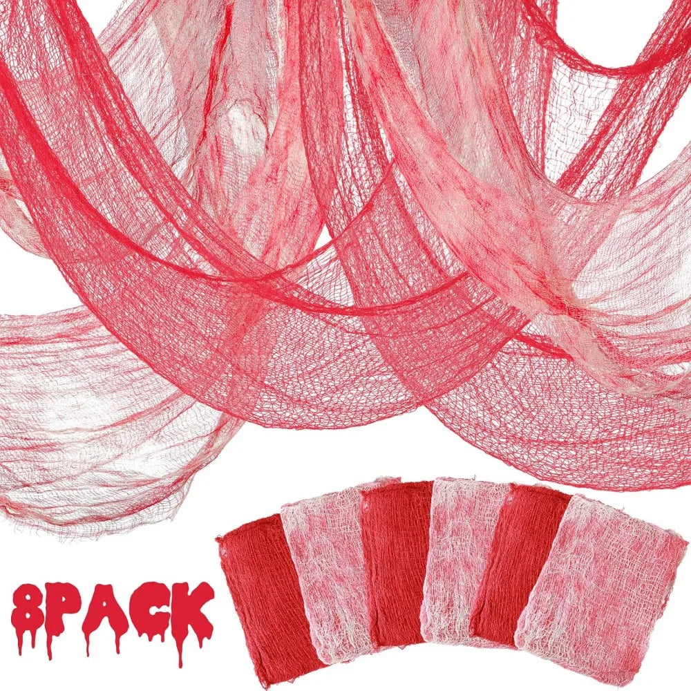 8 Pcs Halloween Creepy Cloth Set – Red & White Bloody Gauze Decoration for Haunted Circus or Home