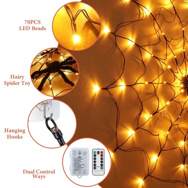 Halloween Spider Web Lights – 3.28ft 70 LEDs, 8 Modes, Battery Powered with Remote & Timer (Orange/Purple)