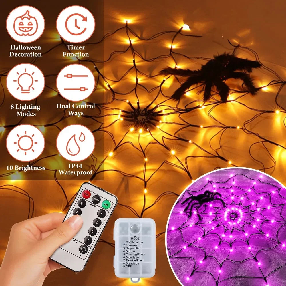 Halloween Spider Web Lights – 3.28ft 70 LEDs, 8 Modes, Battery Powered with Remote & Timer (Orange/Purple)