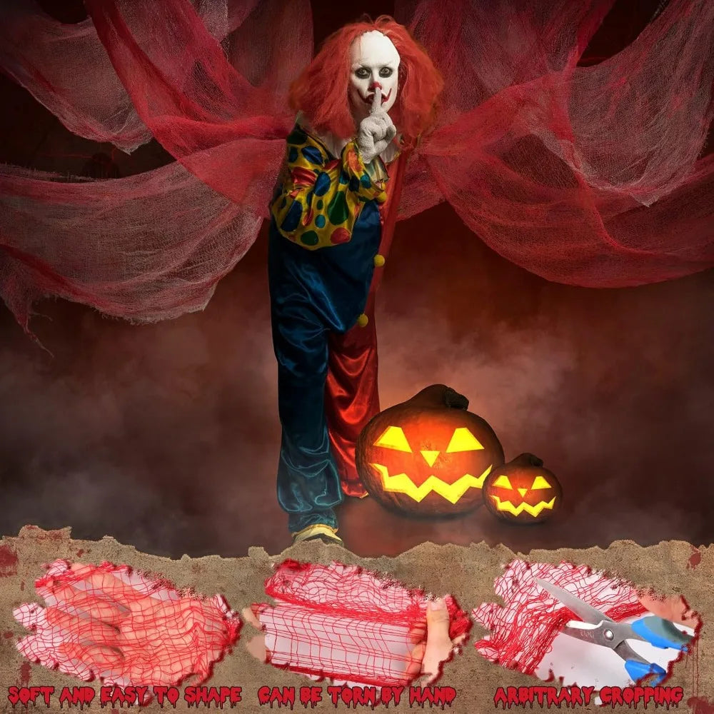 8 Pcs Halloween Creepy Cloth Set – Red & White Bloody Gauze Decoration for Haunted Circus or Home