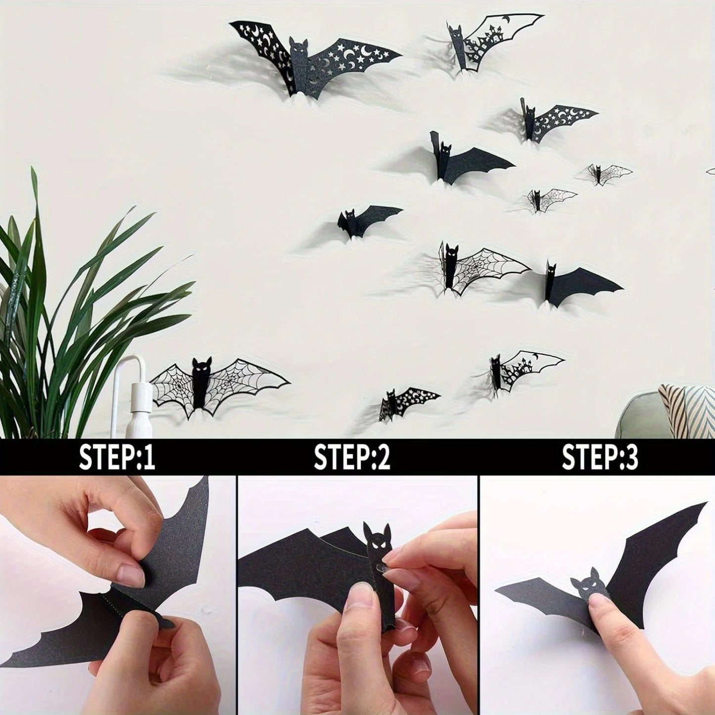 24 Pcs 3D Halloween Bat Decorations – Hollow Paper Wall Stickers