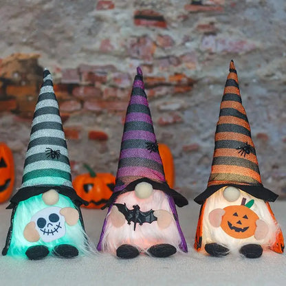 Halloween LED Gnome Decoration – Light-Up Witch Plush Doll with Hat & Pumpkin (Orange/Purple/Black)