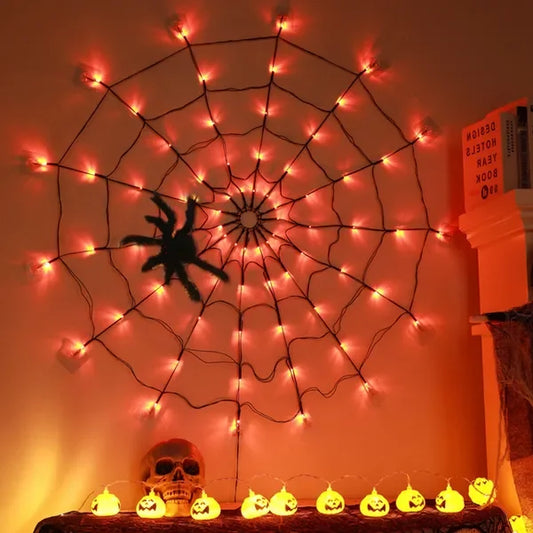 Halloween Spider Web Lights – 3.28ft 70 LEDs, 8 Modes, Battery Powered with Remote & Timer (Orange/Purple)