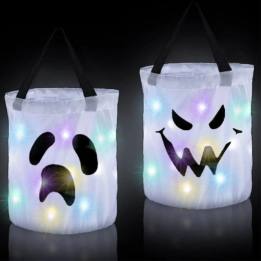 LED Light-Up Halloween Candy Bag – Foldable Pumpkin & Ghost Trick-or-Treat Tote