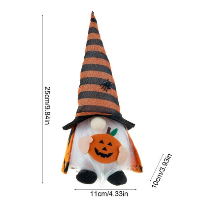 Halloween LED Gnome Decoration – Light-Up Witch Plush Doll with Hat & Pumpkin (Orange/Purple/Black)