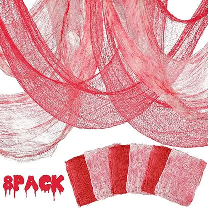 8 Pcs Halloween Creepy Cloth Set – Red & White Bloody Gauze Decoration for Haunted Circus or Home