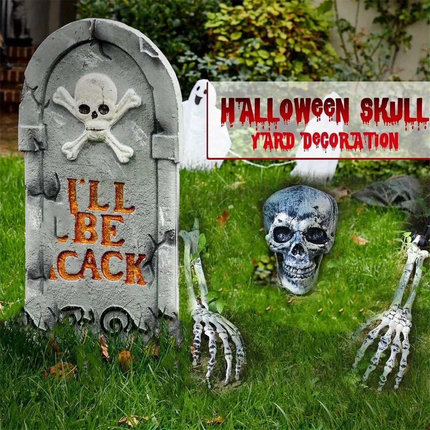 Halloween Skeleton Lawn Decoration – Skull & Arm Stakes Set