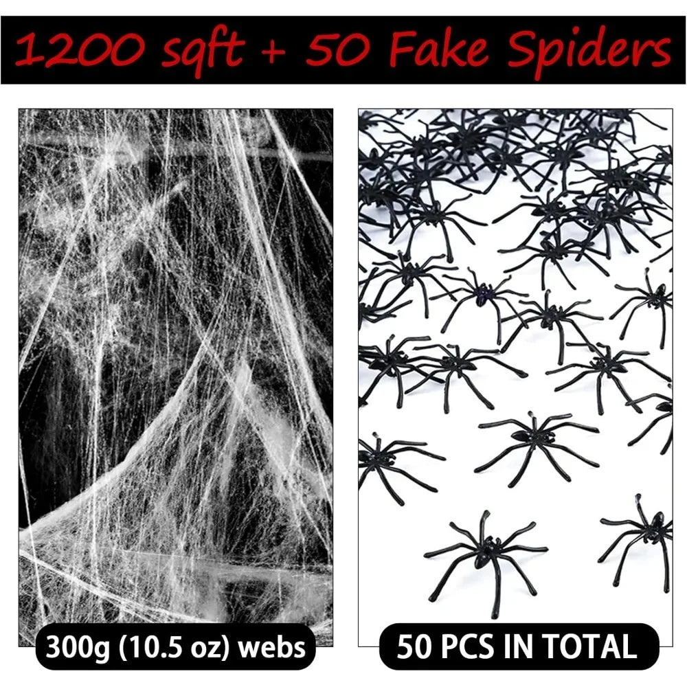 1200 Sqft Halloween Spider Web with 50 Fake Spiders – Super Stretch Cobwebs for Indoor & Outdoor Decorations