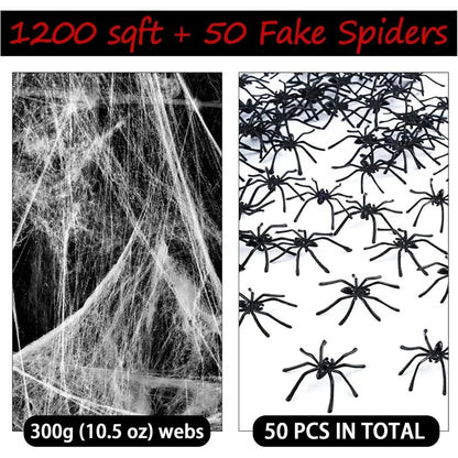 1200 Sqft Halloween Spider Web with 50 Fake Spiders – Super Stretch Cobwebs for Indoor & Outdoor Decorations