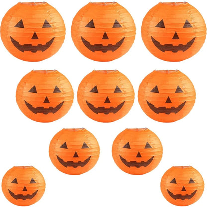 Halloween Jack-O’-Lantern Paper Lantern Set – 10 Pack Pumpkin Hanging Decorations for Home & Outdoor