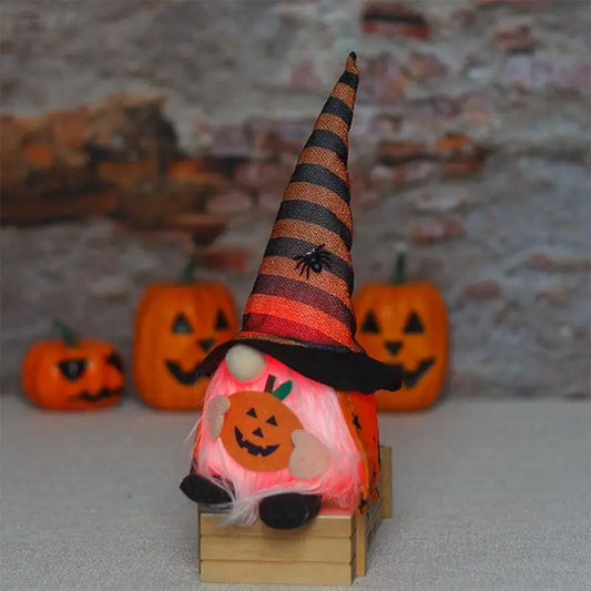 Halloween LED Gnome Decoration – Light-Up Witch Plush Doll with Hat & Pumpkin (Orange/Purple/Black)