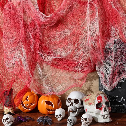 8 Pcs Halloween Creepy Cloth Set – Red & White Bloody Gauze Decoration for Haunted Circus or Home