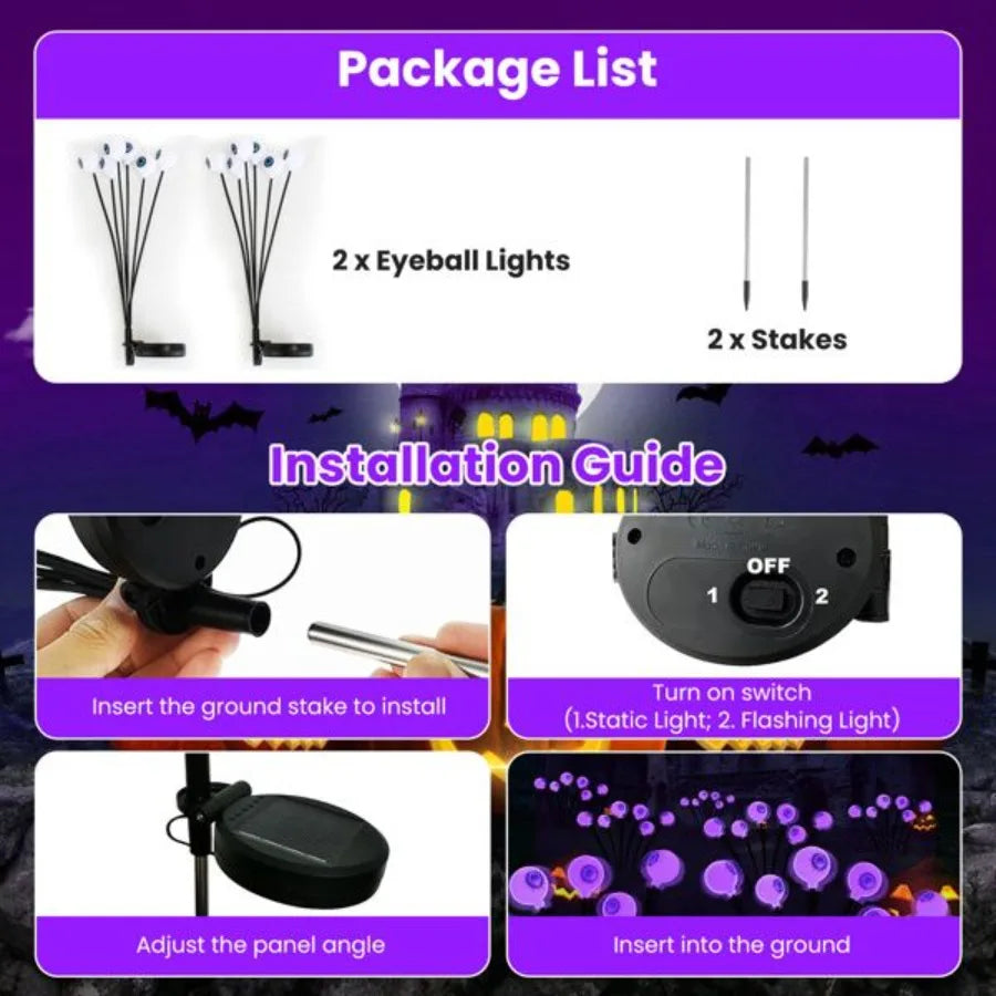 Solar Halloween Eyeball Lights – 4PCS Swaying LED Pathway Decorations (24 LEDs, Waterproof IP65)